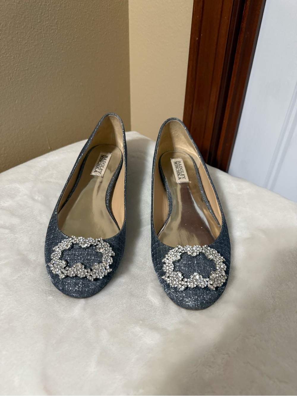 Badgley Mischka Silver Crystal-Embellished Ballet Flats Size 7